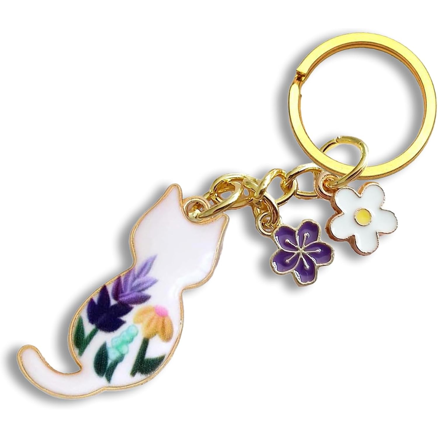 Agromusk Cute Cat Keychain, Enamel Flower Keyring Japanese Decor for Garden Cat Lovers, Kawaii Bag Charm With Sakura Flowers
