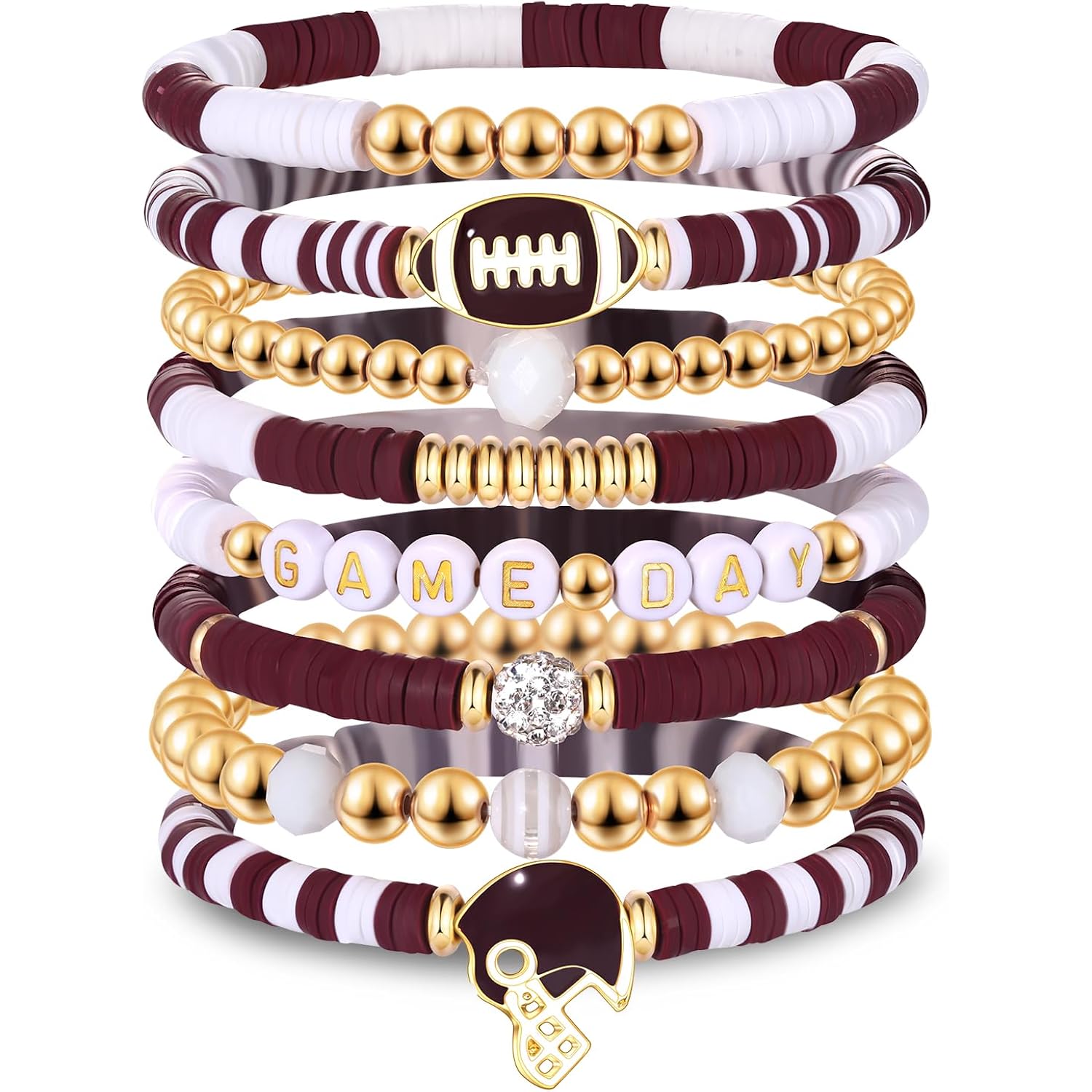 Game Day Bracelets for Women - Red, Black, Blue Heishi Clay Beaded Stretch Bracelets - Stackable Sports Charm Bracelet Bangles - Football Mom Accessories & Outfits Jewelry Gifts