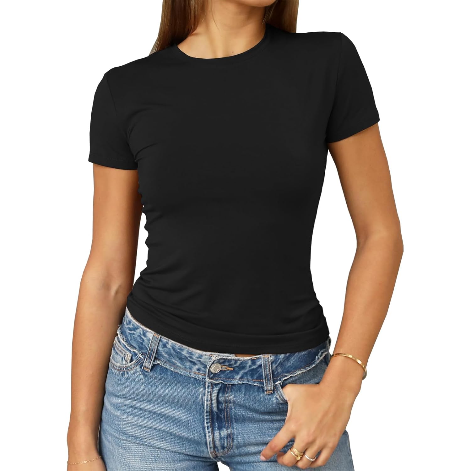 Abardsion Women's Casual Basic Going Out Crop Tops Slim Fit Short Sleeve Crew Neck Tight T Shirts 2025