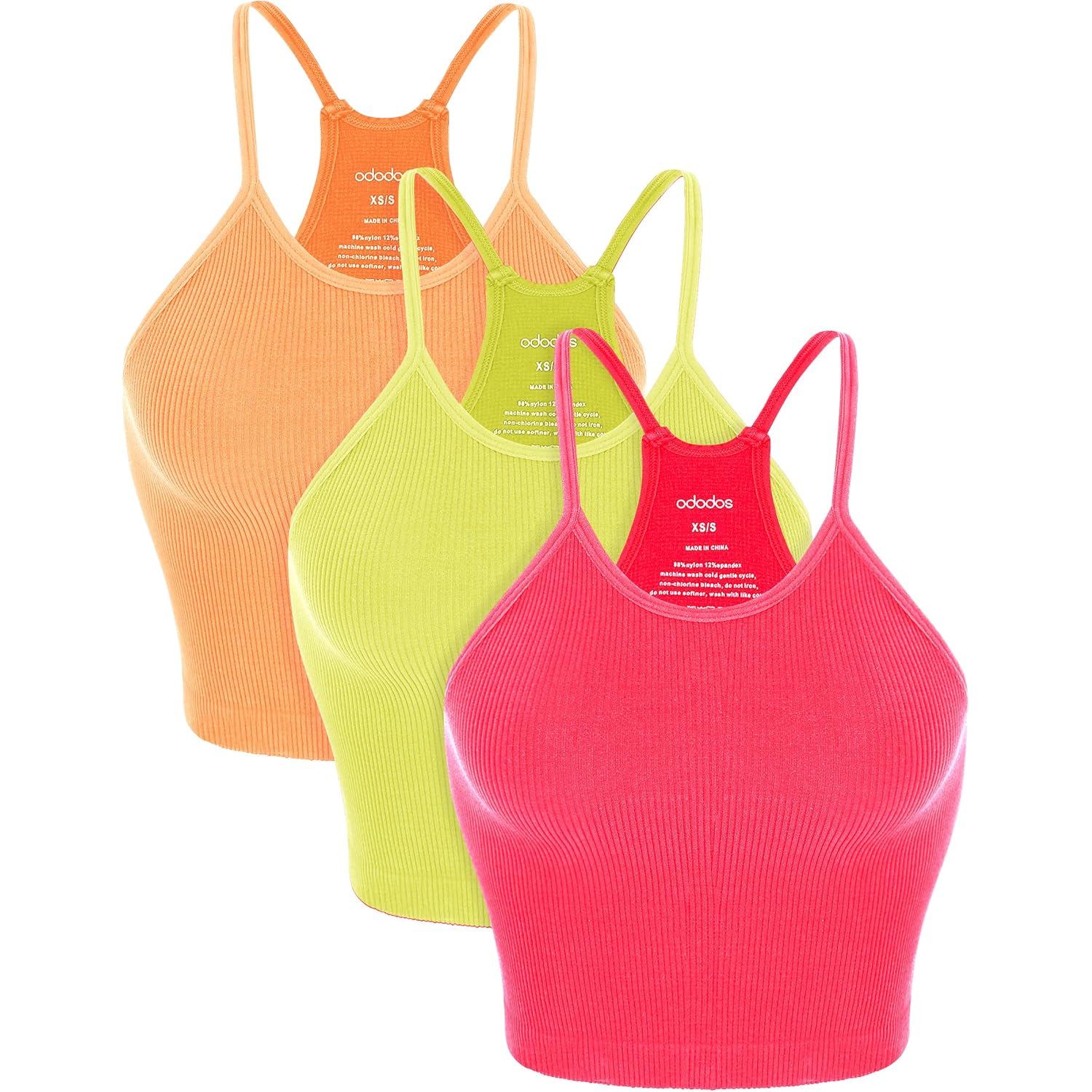 ODODOS Women's Crop 3-Pack Seamless Rib-Knit Camisole Crop Tank Tops