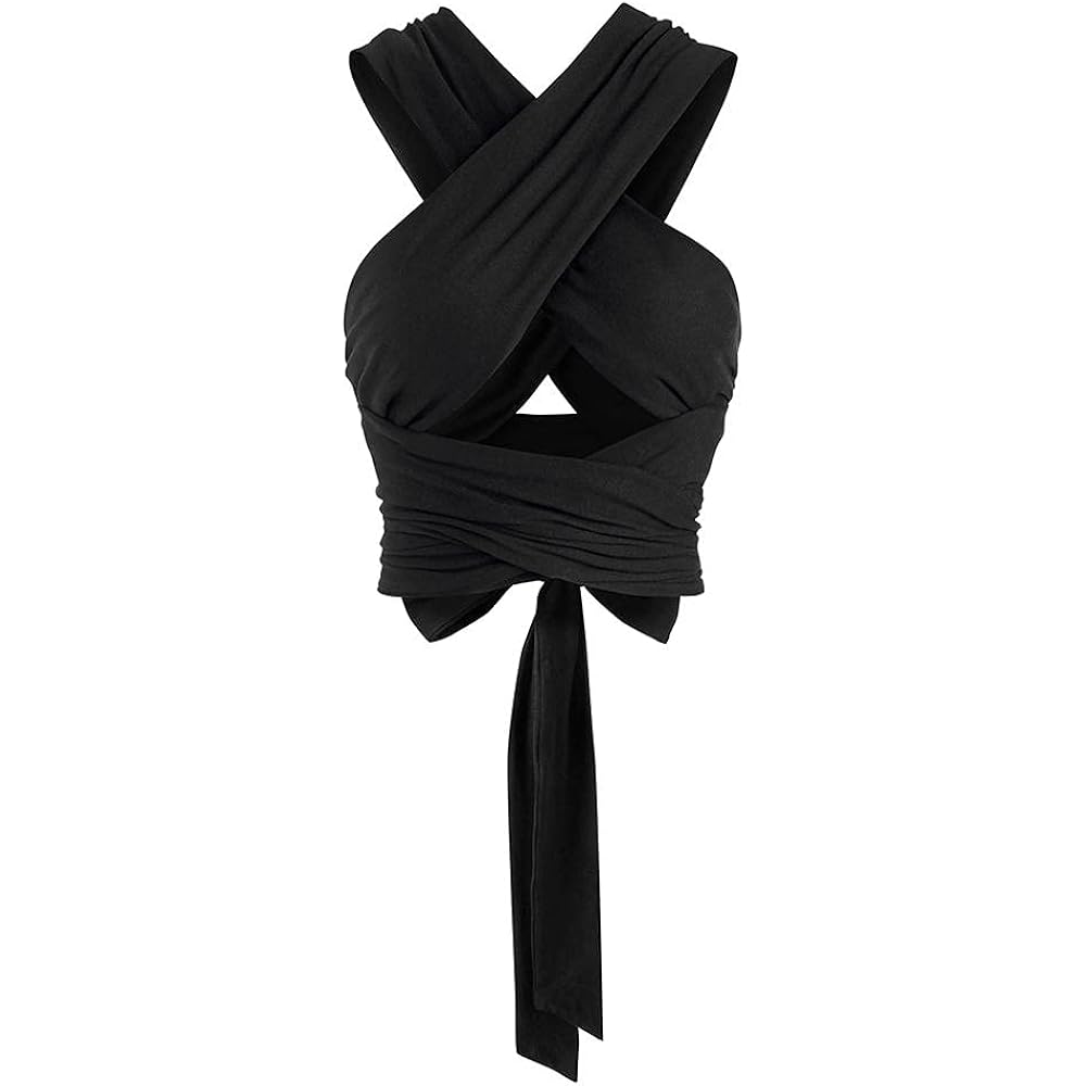 ZAFUL Womens Ribbed Halter Crop Top Ruched Lace-up Cropped Cami Bandana Top Criss Cross Wrap Print Tank Top