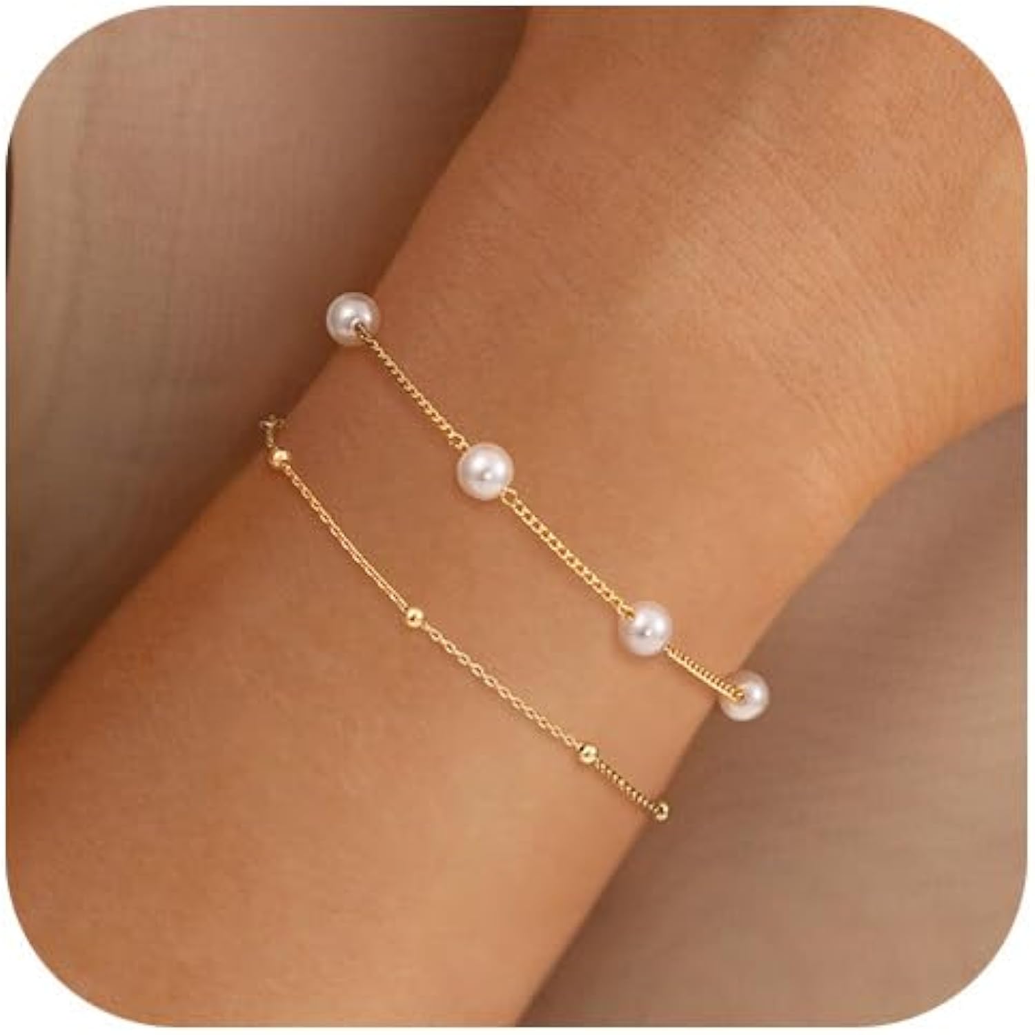Gold Pearl Bracelets for Women,14K Gold Plated Bracelets Dainty Pearls Beaded Link Chain Charm Bracelets Set Layered Non Tarnish Tiny Jewelry for Women