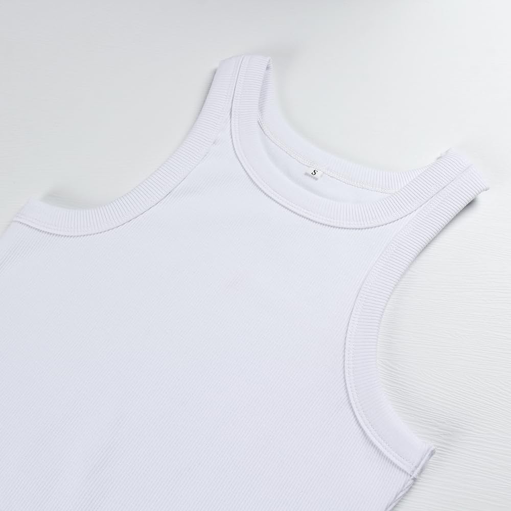 Artfish Women's Sleeveless Full Length Ribbed Fitted Racerback Workout Crew High Neck Basic Tank Top