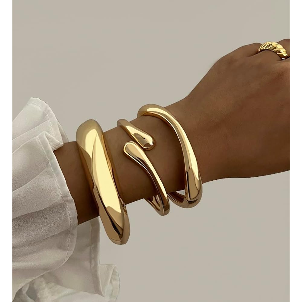 Chunky Gold Bangle Bracelets for Women, Dainty 14k Gold Plated Big Stackable Bangles Set, Trendy Cuff Bracelet Stack Fashion Jewelry Gifts