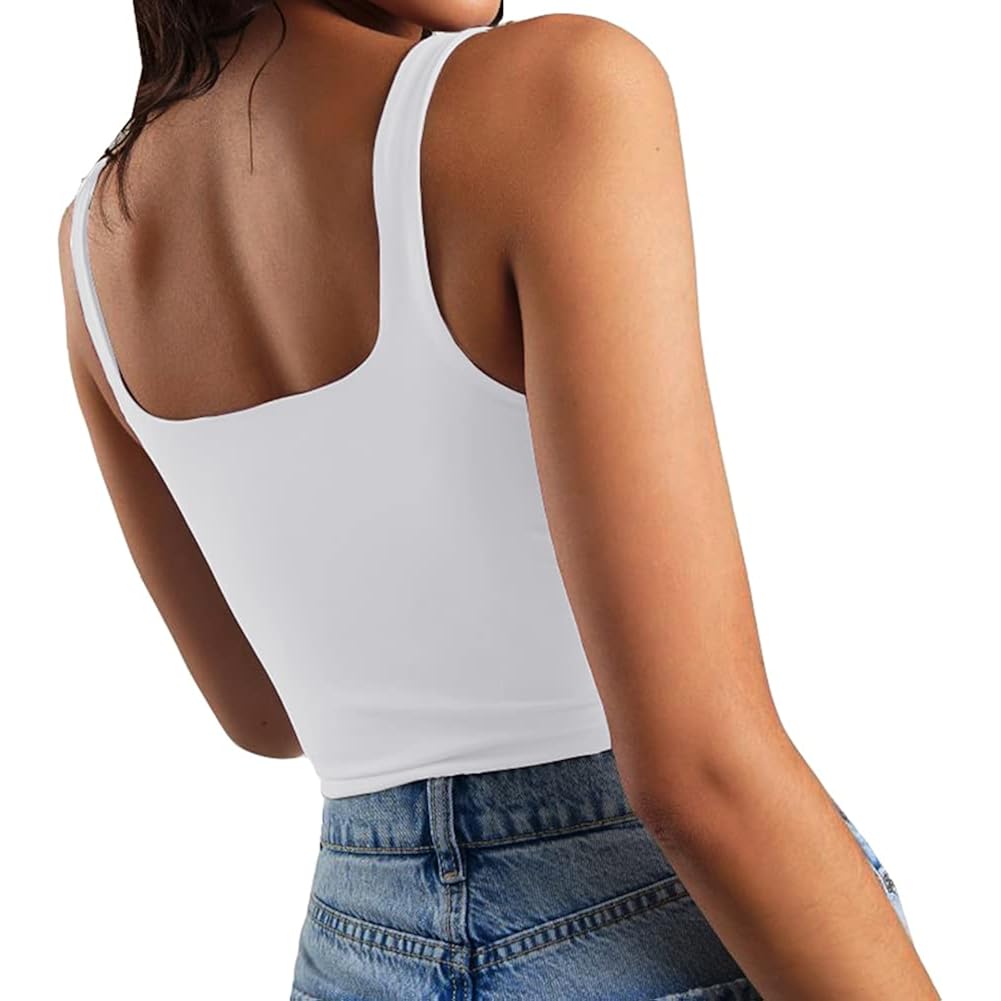 Artfish Women's Sleeveless Strappy Tank Square Neck Double Layer Workout Fitness Casual Basic Crop Tops