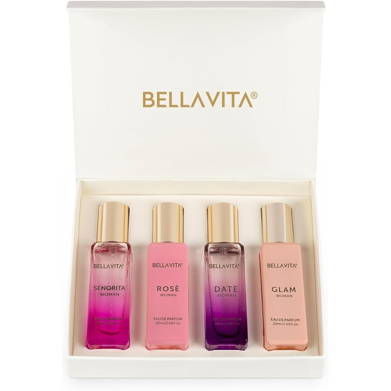 BellaVita Luxury Women's Perfume Gift Set (4x20ml) | Notes of Floral, Sweet, Spicey Red Fruit, Vanilla & Musk | DATE, SENORITA, GLAM & ROSE | French Parfum Collection Gift Set