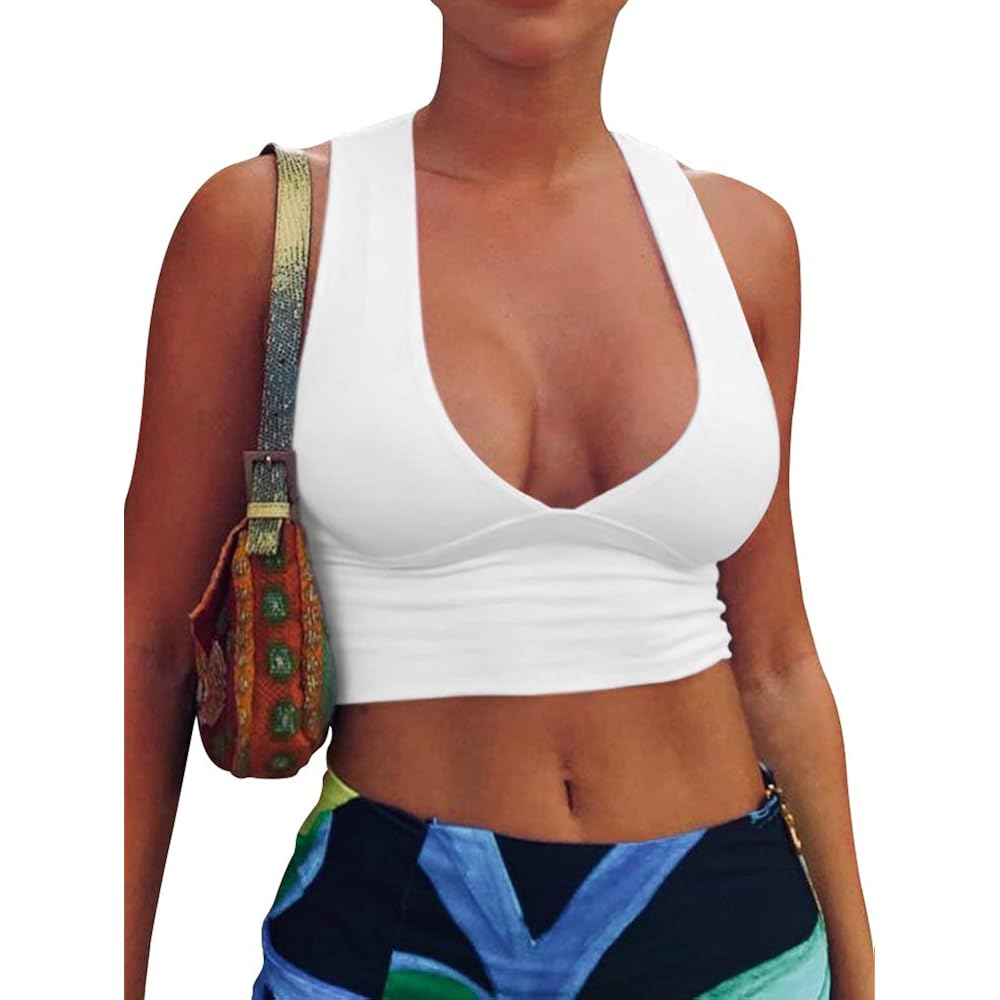 AEPEBO Sexy Crop Tops for Women Deep V Neck Back Cutout Sleeveless Plunge Racerback Tank Cropped Top