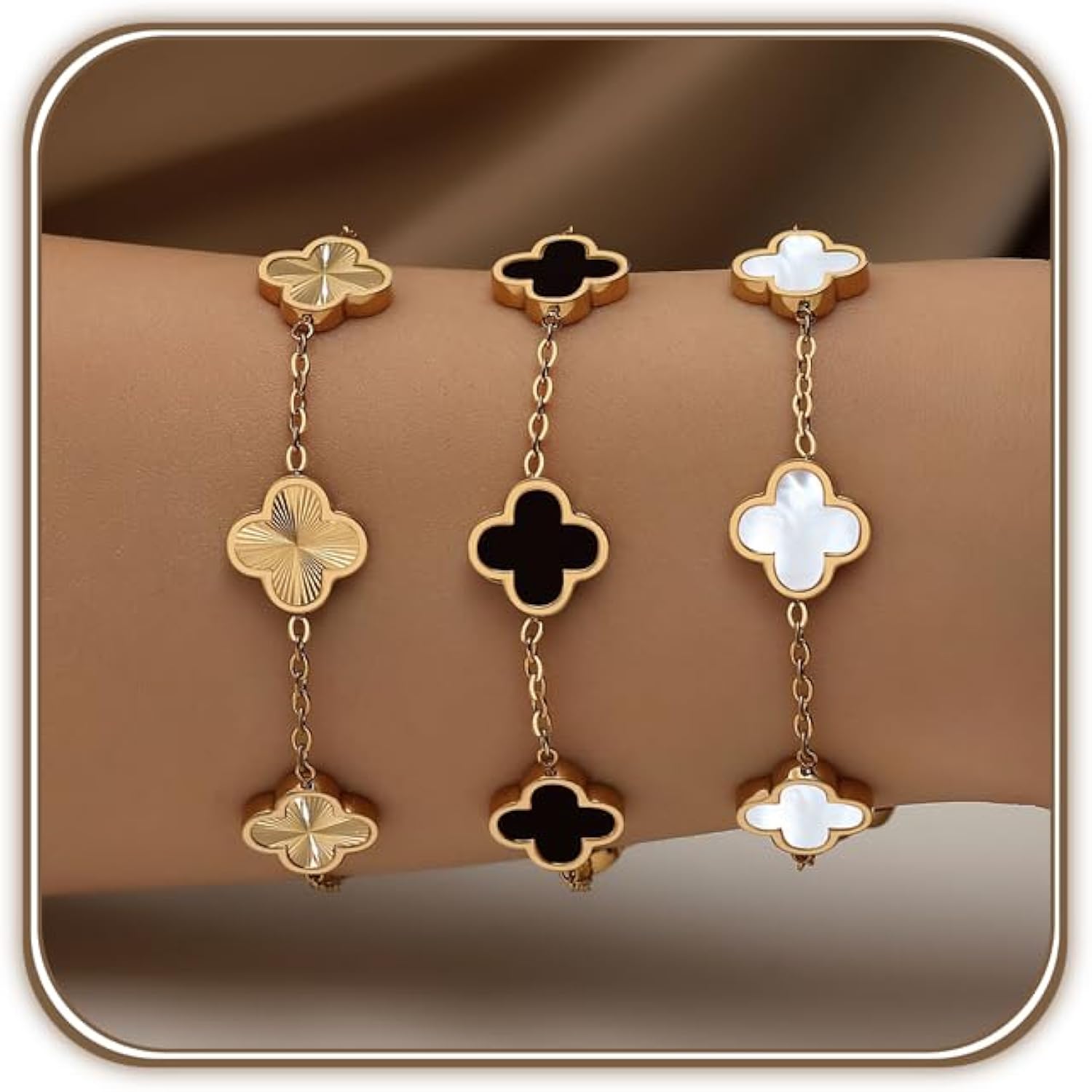 18K Gold Plated Clover Bracelet Set for Women White/Black/Gold/Silver/Green/Pink Adjustable Link Double-Sided Lucky Bracelets Trendy Bracelets Set Jewelry Gifts for Women Men