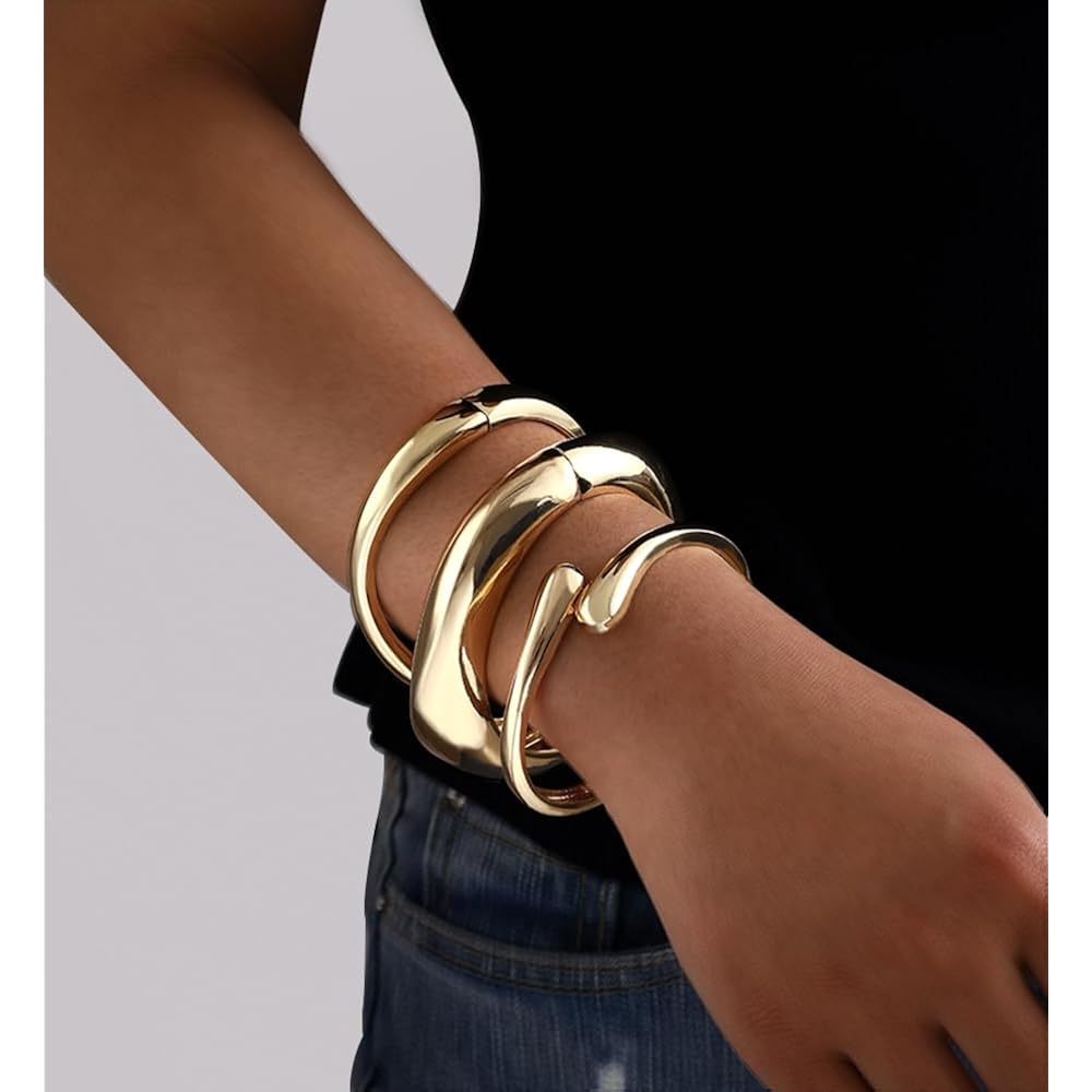 Chunky Gold Bangle Bracelets for Women, Dainty 14k Gold Plated Big Stackable Bangles Set, Trendy Cuff Bracelet Stack Fashion Jewelry Gifts
