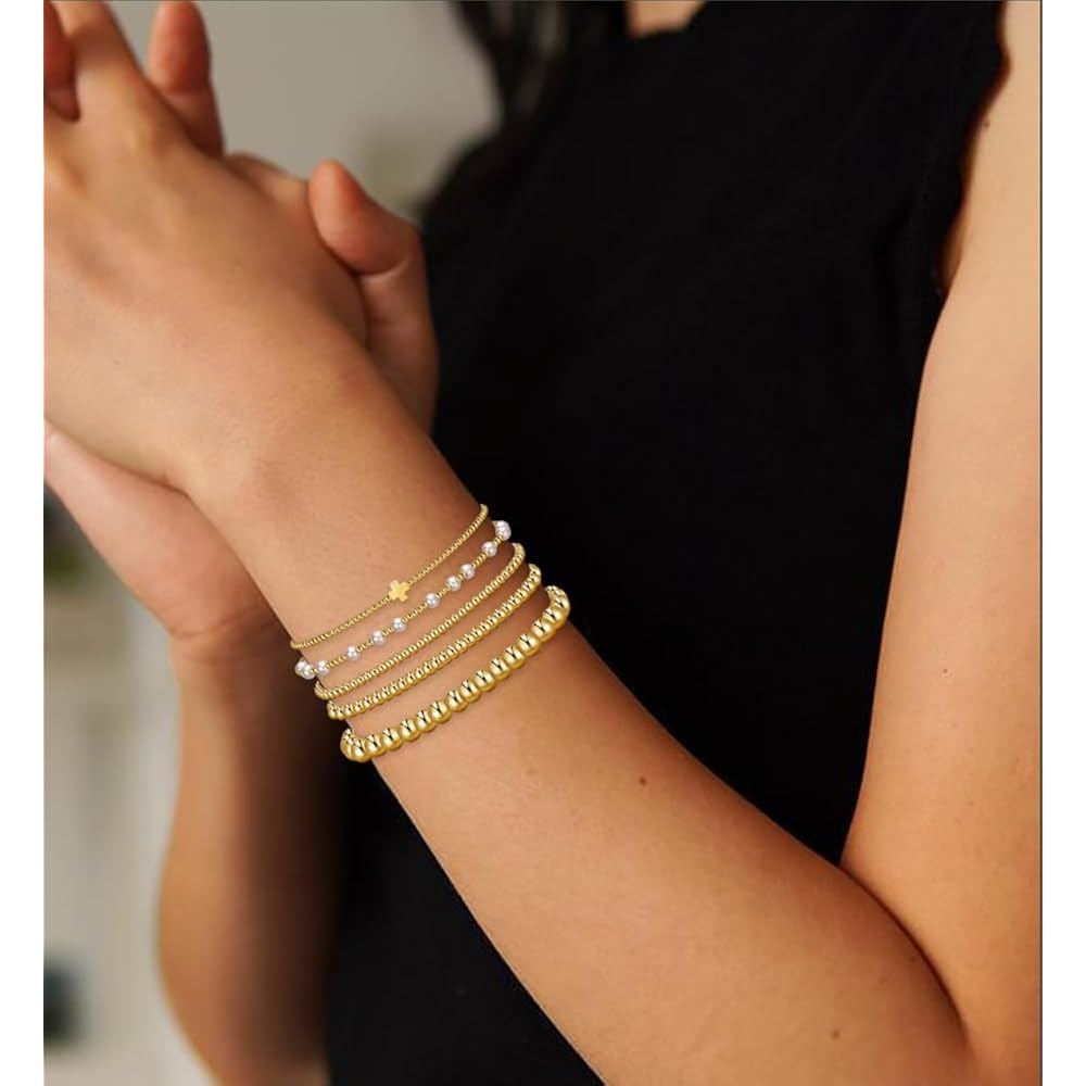 Gold Beaded Bracelets for Women, 14K Real Gold Plated Jewelry for Women Dainty Pearl Bead Bracelets Stack, Non Tarnish Trendy Stackable Ball Cross Stretch Bracelet Set Fashion Accessories Gifts for Women