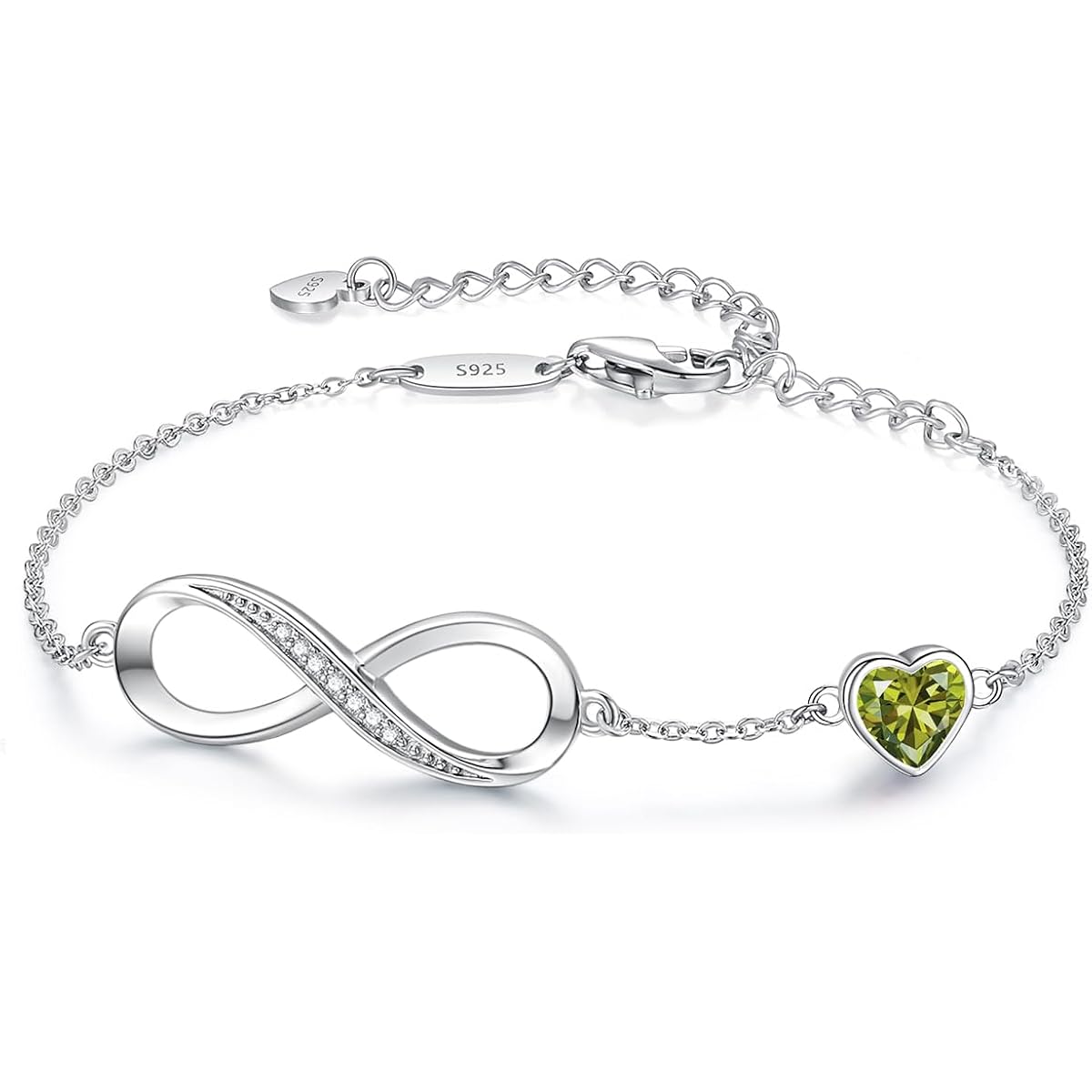 CDE Infinity Heart Birthstone Charm Link Bracelet for Women 925 Sterling Silver Adjustable Mother's Day Gift Anniversary Birthday Jewelry for Wife Girlfriend Her