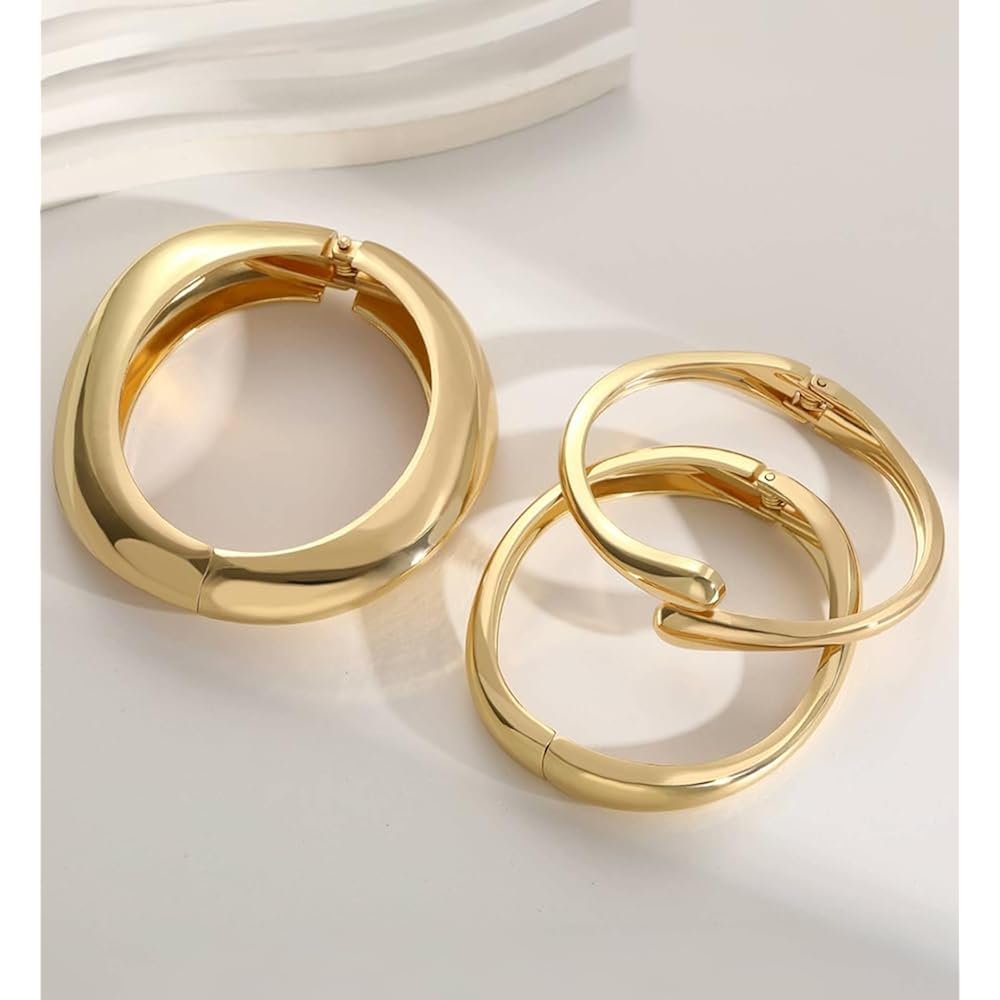 Chunky Gold Bangle Bracelets for Women, Dainty 14k Gold Plated Big Stackable Bangles Set, Trendy Cuff Bracelet Stack Fashion Jewelry Gifts
