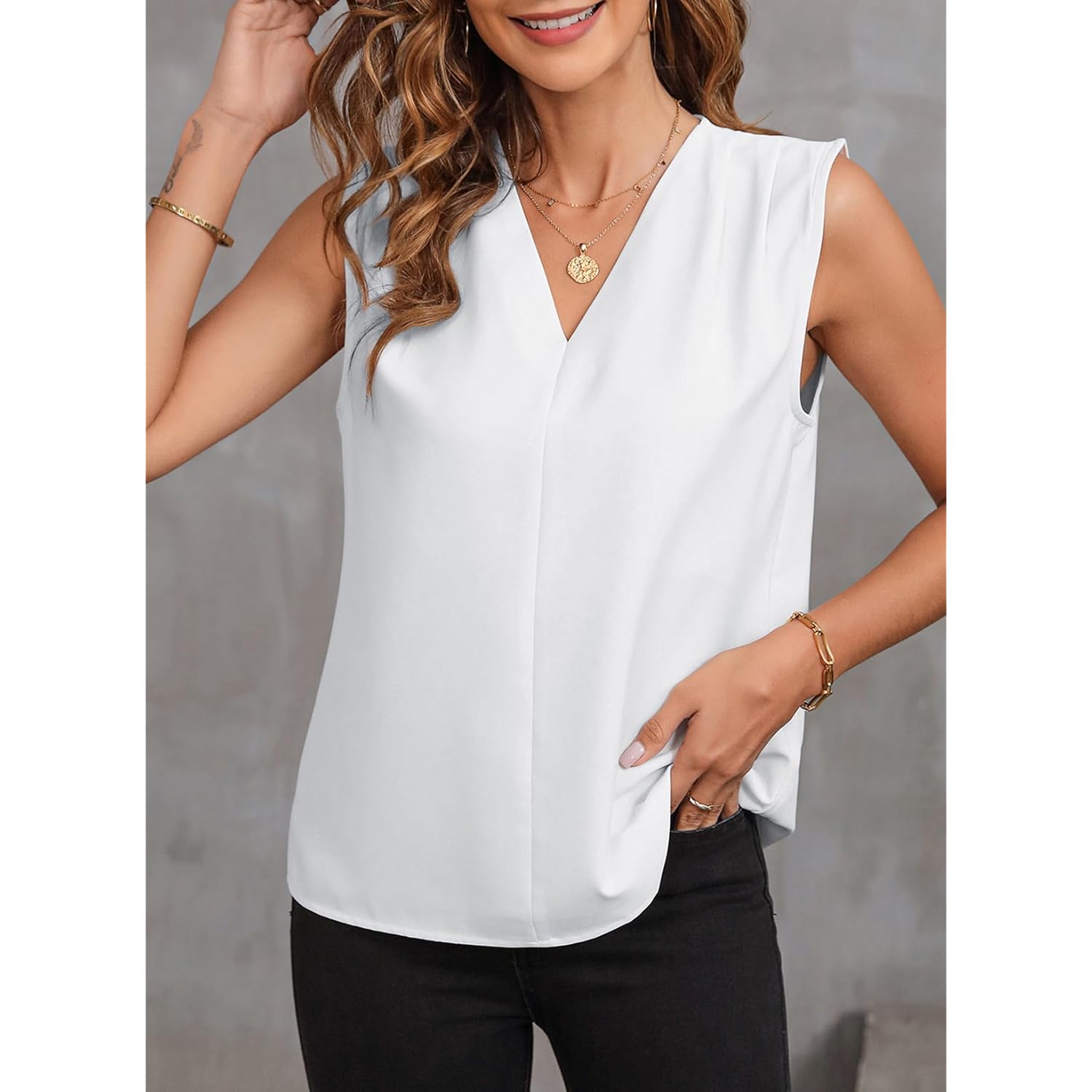 EVALESS Womens Pleated Tank Tops V Neck Casual Sleeveless Blouses Summer Basic Vest Shirt
