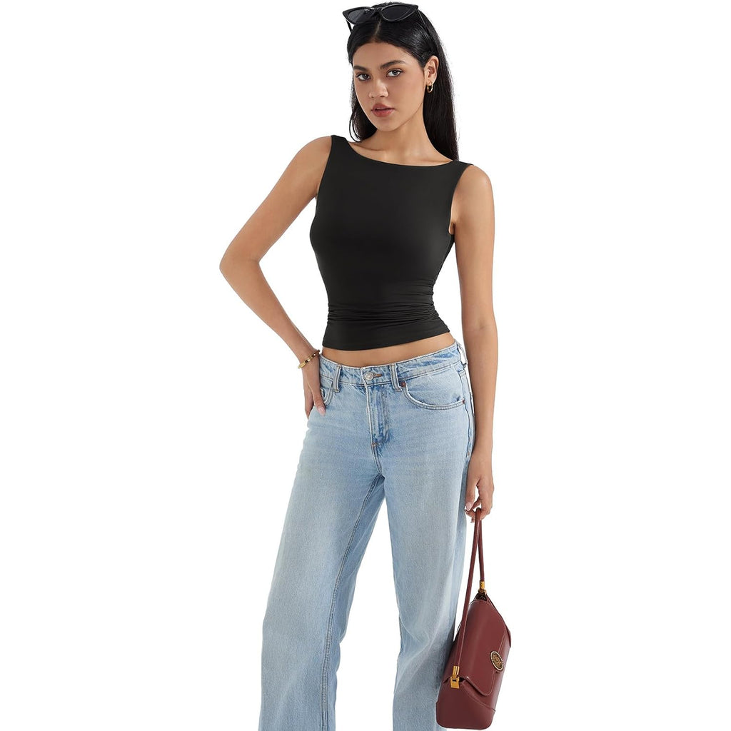 SUUKSESS Women Padded Open Back Boat Neck Tank Tops Double Lined Basic Shirts