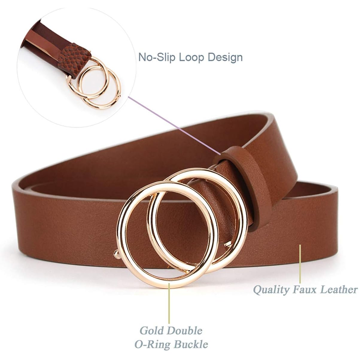 UnFader Pack 2 Women Belts for Jeans with Fashion Double O-Ring Buckle and Faux Leather