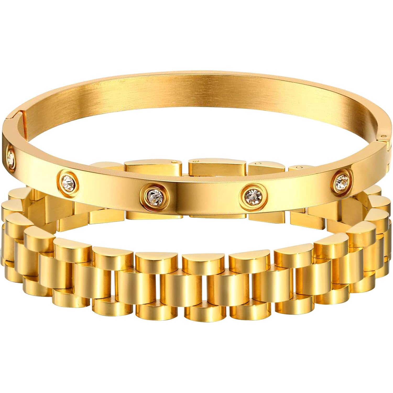 MPRAINBOW 2pcs Gold Chain Link Bracelet, Stainless Steel Crystal Friendship Bracelets Bangle,Watch Band Chains Wristband Jewelry with Adjust Tool