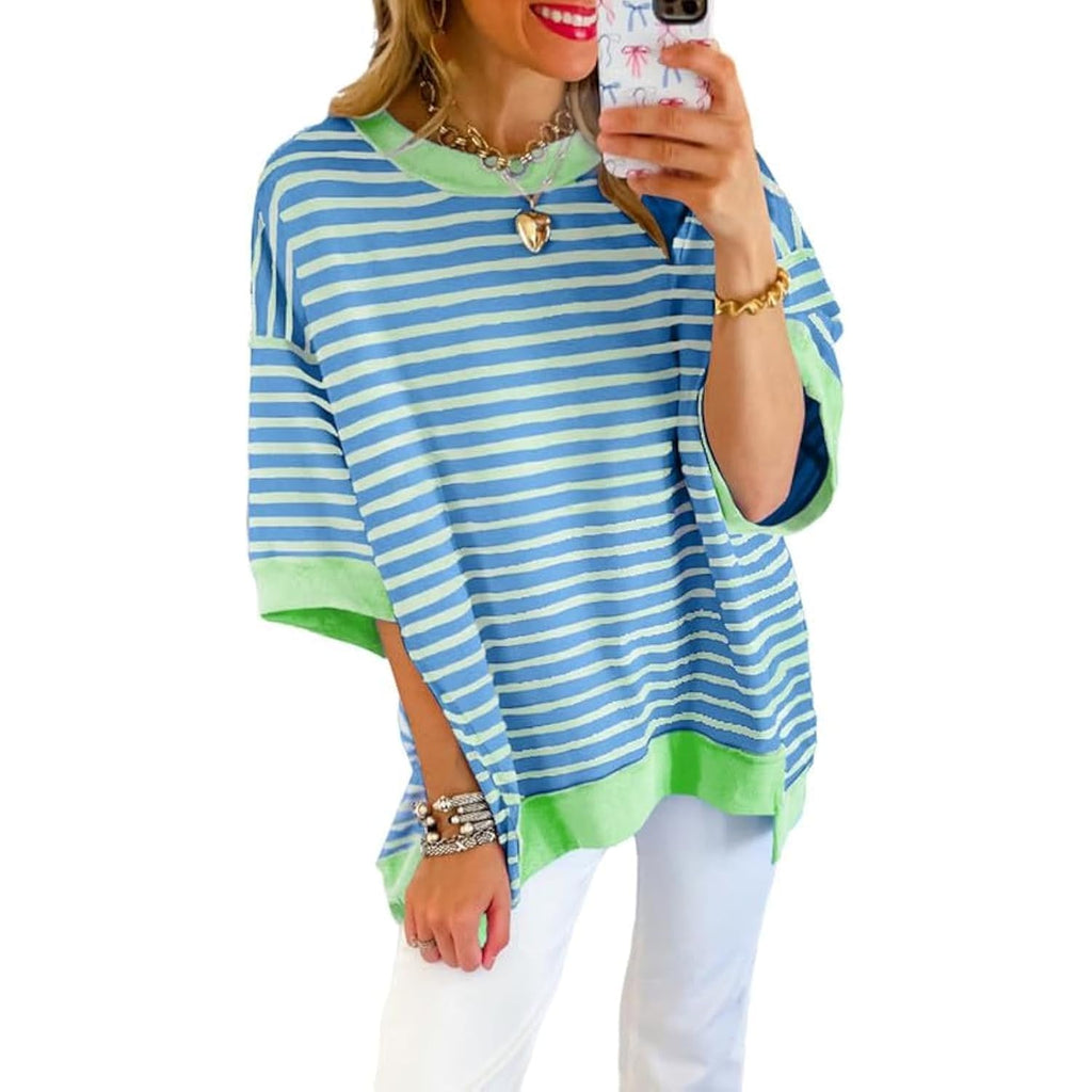 SHEWIN Womens Tops Casual Short Sleeve Sweatshirt Striped Shirt Crewneck Pullover T Shirts Loose Blouses