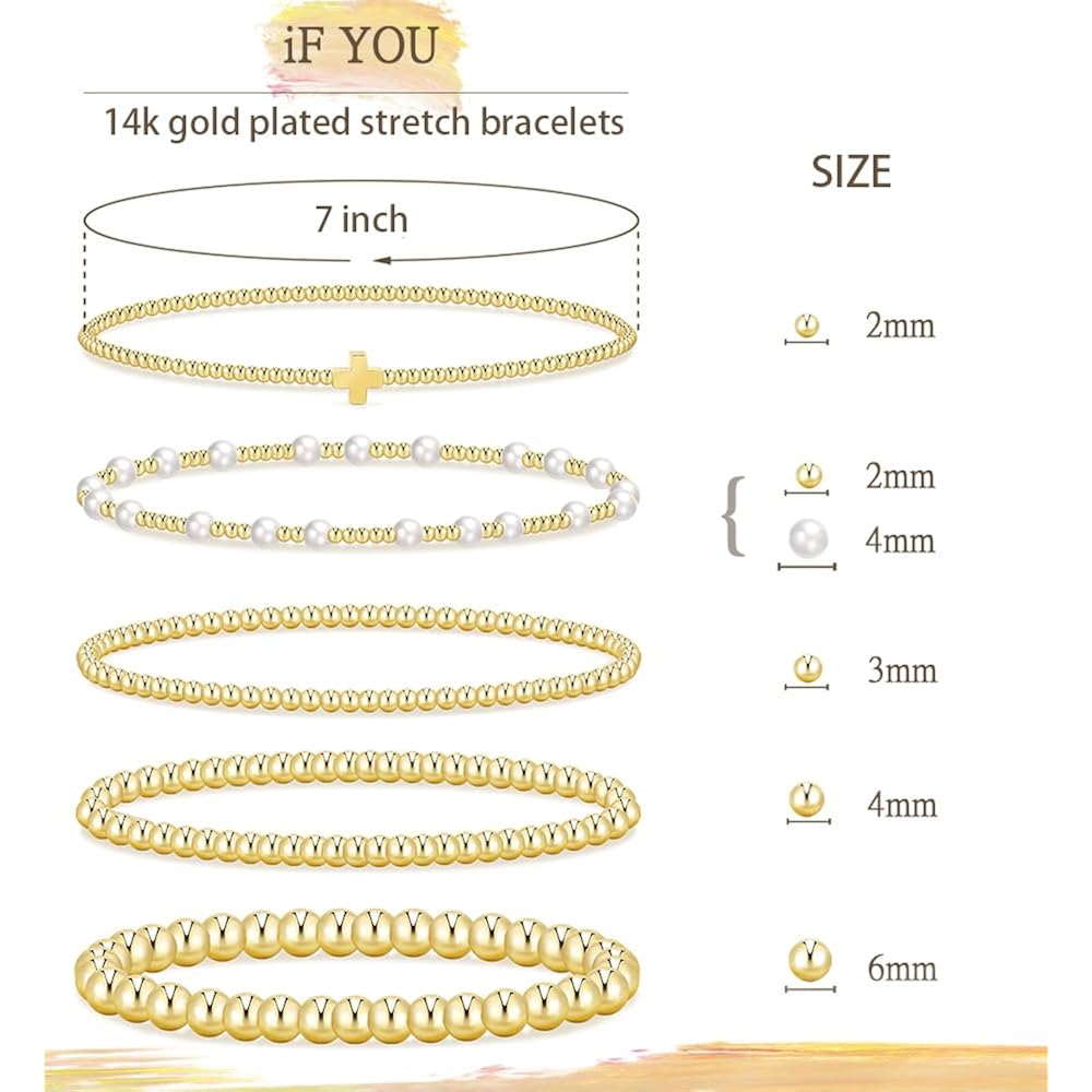 Gold Beaded Bracelets for Women, 14K Real Gold Plated Jewelry for Women Dainty Pearl Bead Bracelets Stack, Non Tarnish Trendy Stackable Ball Cross Stretch Bracelet Set Fashion Accessories Gifts for Women