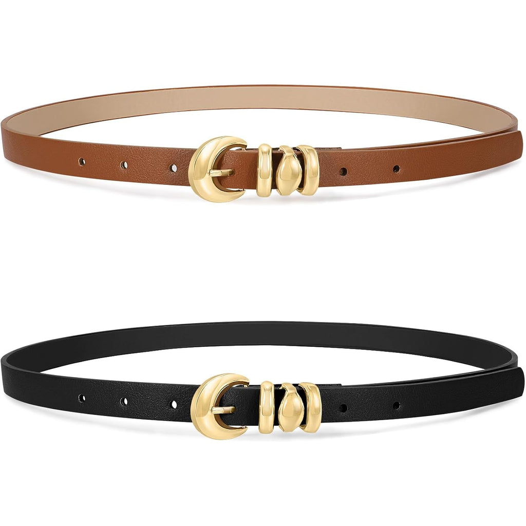 XZQTIVE 2 Pack 0.71'' Womens Skinny Leather Belts for Ladies Thin Waist Belt for Jeans Dress Pants with Fashion Gold Buckle