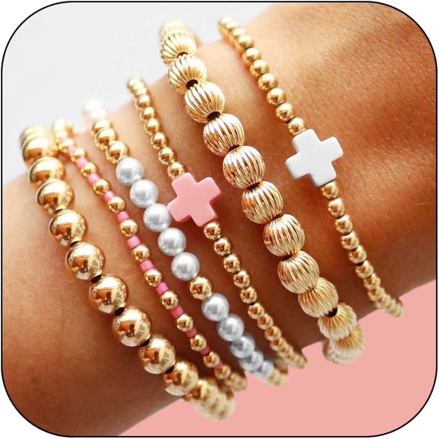 HUASAI Gold Beaded Bracelet Stack for Women Trendy Non Tarnish Chunky Stretch Paperclip Cross Pearl Bracelets Set Stackable Jewelry Costume Accessories