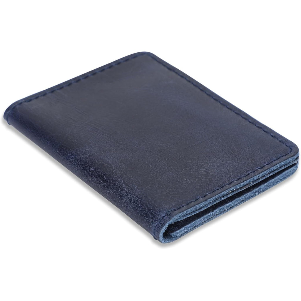 Blue Leather Card Holder for Men & Women - Credit Card Wallet Holds Up to 4 Cards, Compact Money Organizer, Bi-Fold Wallet for Front Pockets, Slim Credit Card Case Holder for Travel