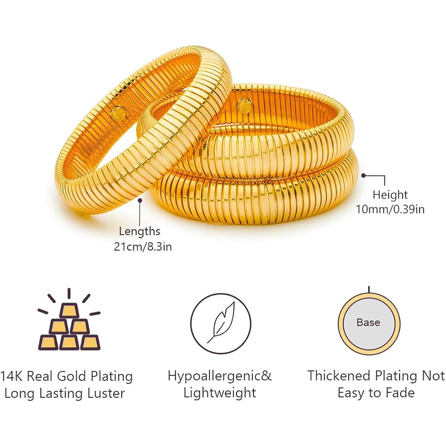 Gold Bangles for Women Set of 3 Chunky Stretch Bangles Bracelets 24K Gold Plated Stainless Steel Bracelets Flexible Wide Stack Bracelets Designer Look Alike Jewelry for Women