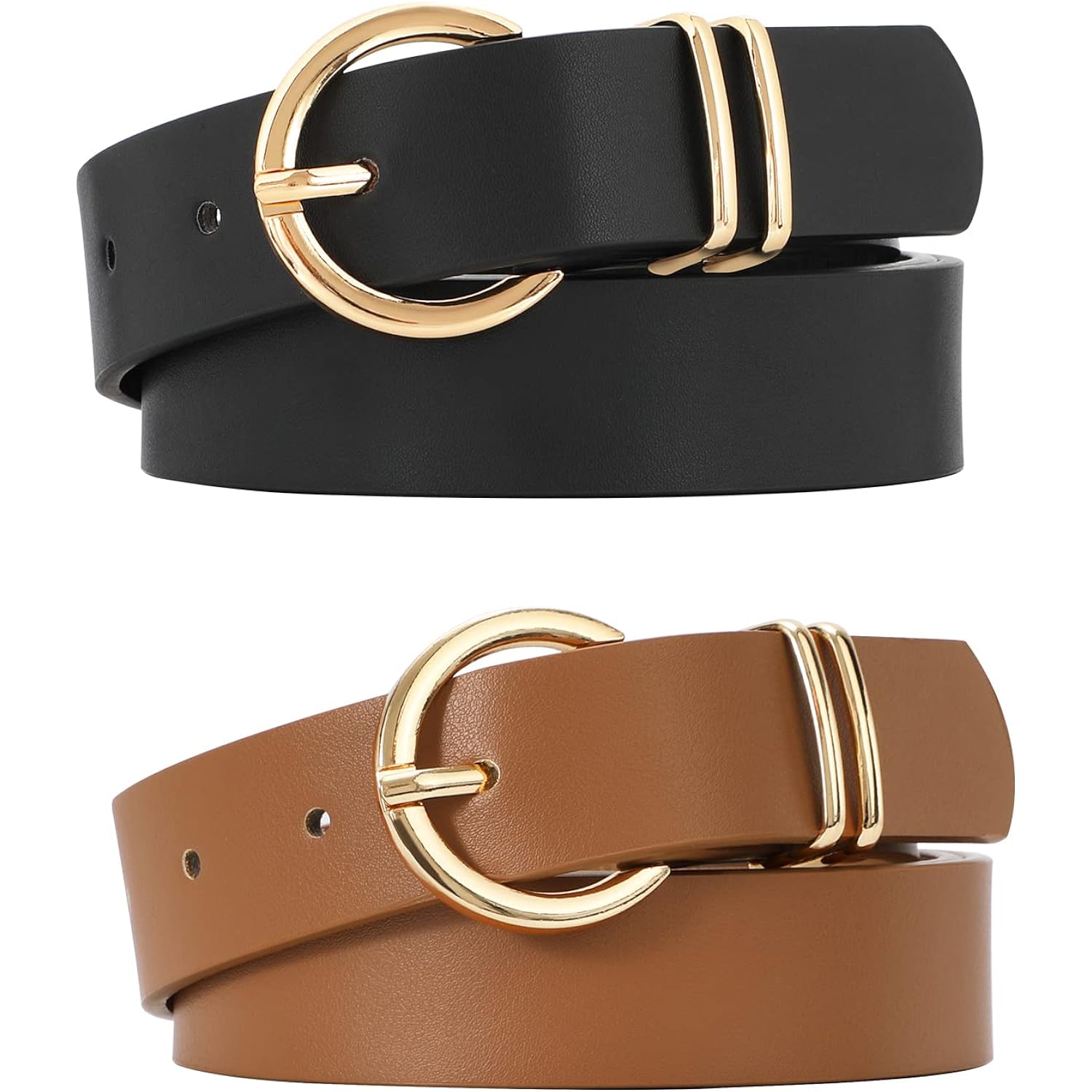 VONMELLI 2 Pack Women's Leather Belts for Jeans Dresses Fashion Gold Buckle Ladies Belt