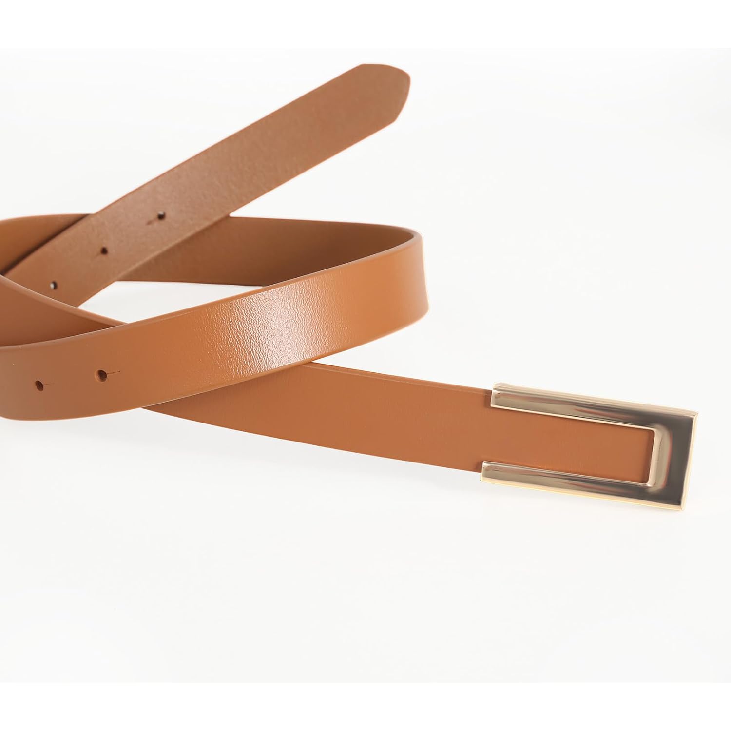 Womens Leather Belt Skinny Waist Belt for Dresses Jeans Pants with Gold Buckle