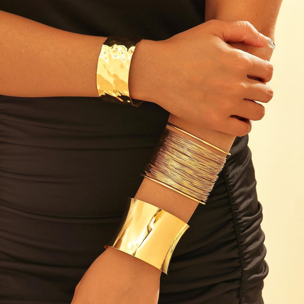3PCS Gold Chunky Cuff Bracelets for Women Irregular Minimalist Statement Bangle Bracelets Set Open Wide Bangle Arm Cuff Upper Arm Punk Jewelry