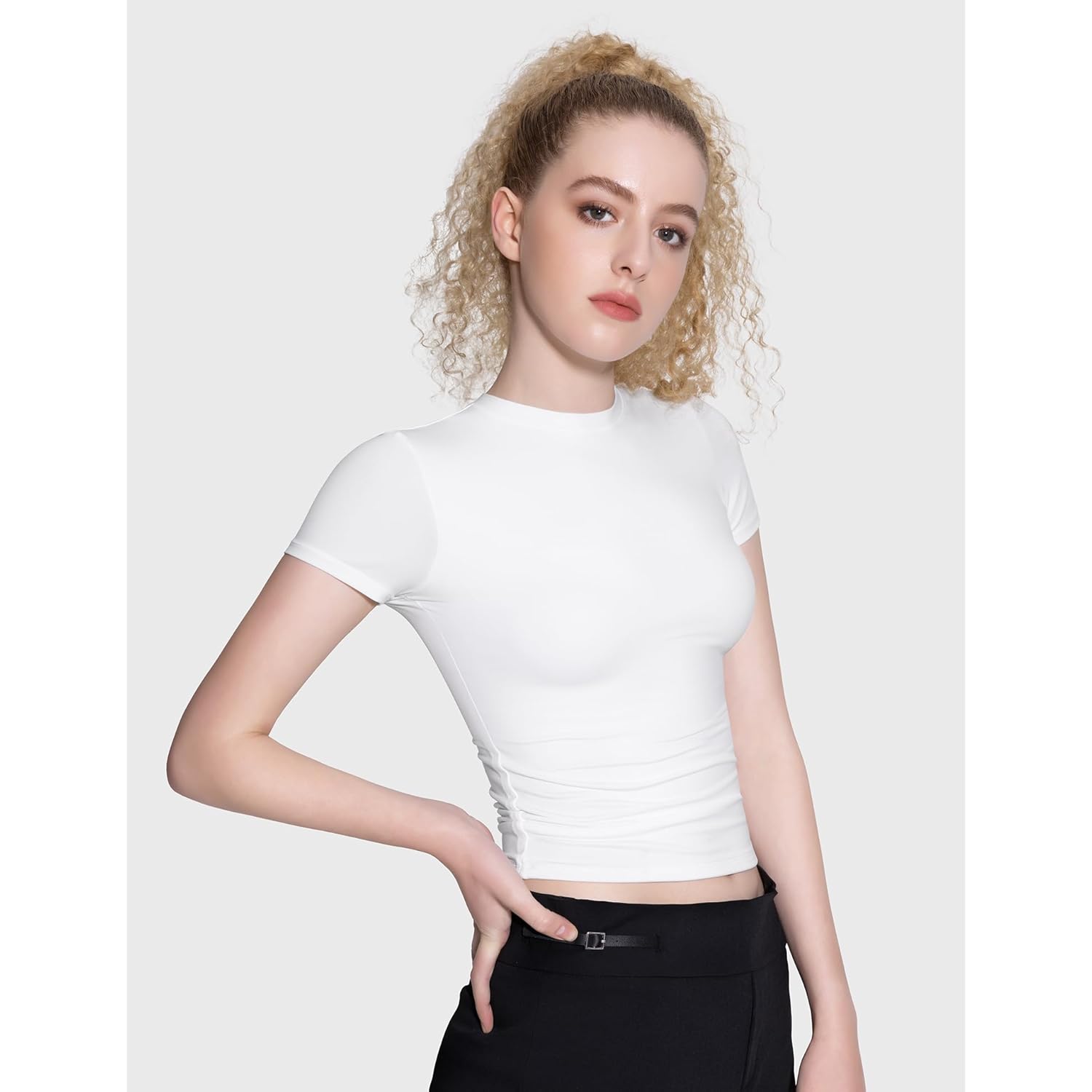 PUMIEY Women's Crew Neck Short Sleeve Tops Double Lined Slim Fit T Shirts Basic Tee Smoke Cloud Pro Collection