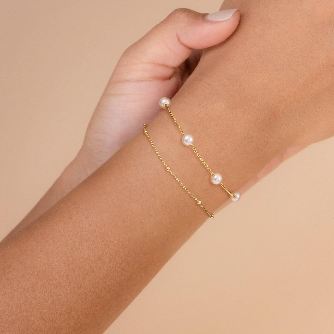 Gold Pearl Bracelets for Women,14K Gold Plated Bracelets Dainty Pearls Beaded Link Chain Charm Bracelets Set Layered Non Tarnish Tiny Jewelry for Women
