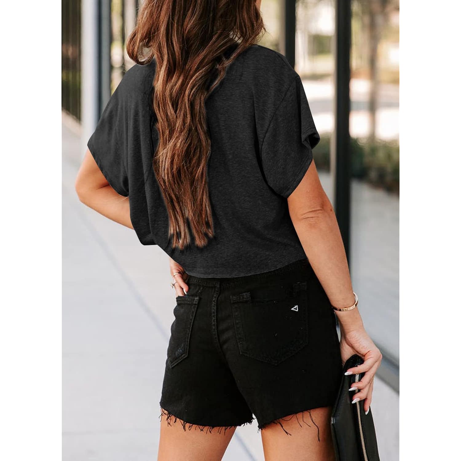 Tankaneo Women Short Sleeve Cropped T-Shirts Crew Neck Loose Crop Tops Summer Casual Drop Shoulder Basic Tees