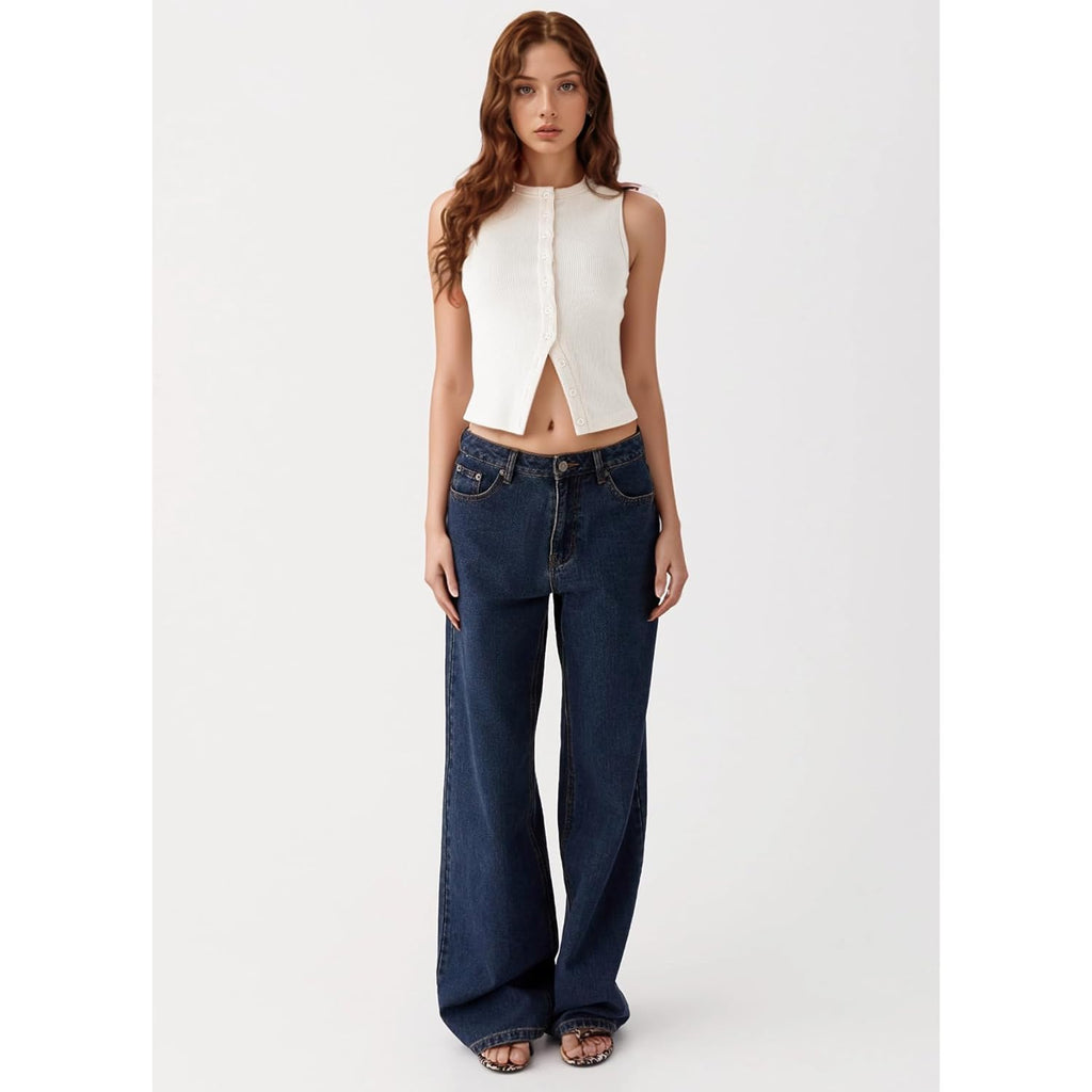 Women’s Button Down Tank Tops Ribbed Summer Vest Button Up Open Front Sleeveless Slim Fit Crop Going Out Tops