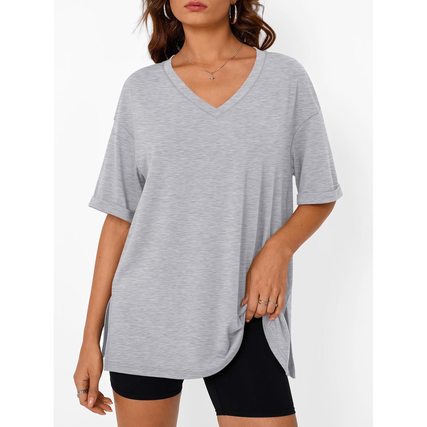 Trendy Queen Oversized Tshirts for Women Workout Plus Size Tops V Neck Short Sleeve Gym Shirts Casual Loose Fit Basic Tees