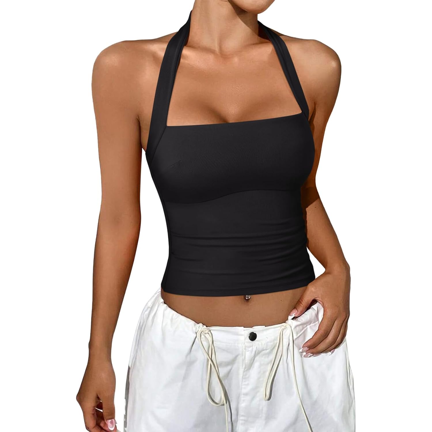 REORIA Women's Halter Going Out Tops 2025 Summer Y2K Shirts Sleeveless Sexy Crop Tank Top Y2k Outfits