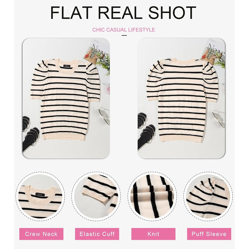 Dokotoo Women's Short Puff Sleeve Knit Tops 2025 Trendy Crewneck Striped T Shirts Casual Summer Blouses