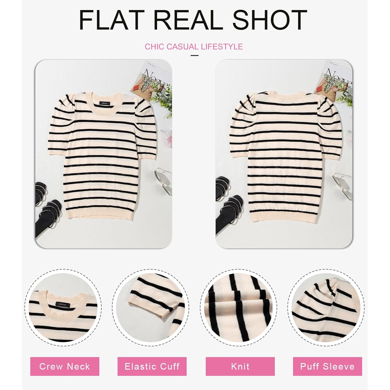 Dokotoo Women's Short Puff Sleeve Knit Tops 2025 Trendy Crewneck Striped T Shirts Casual Summer Blouses