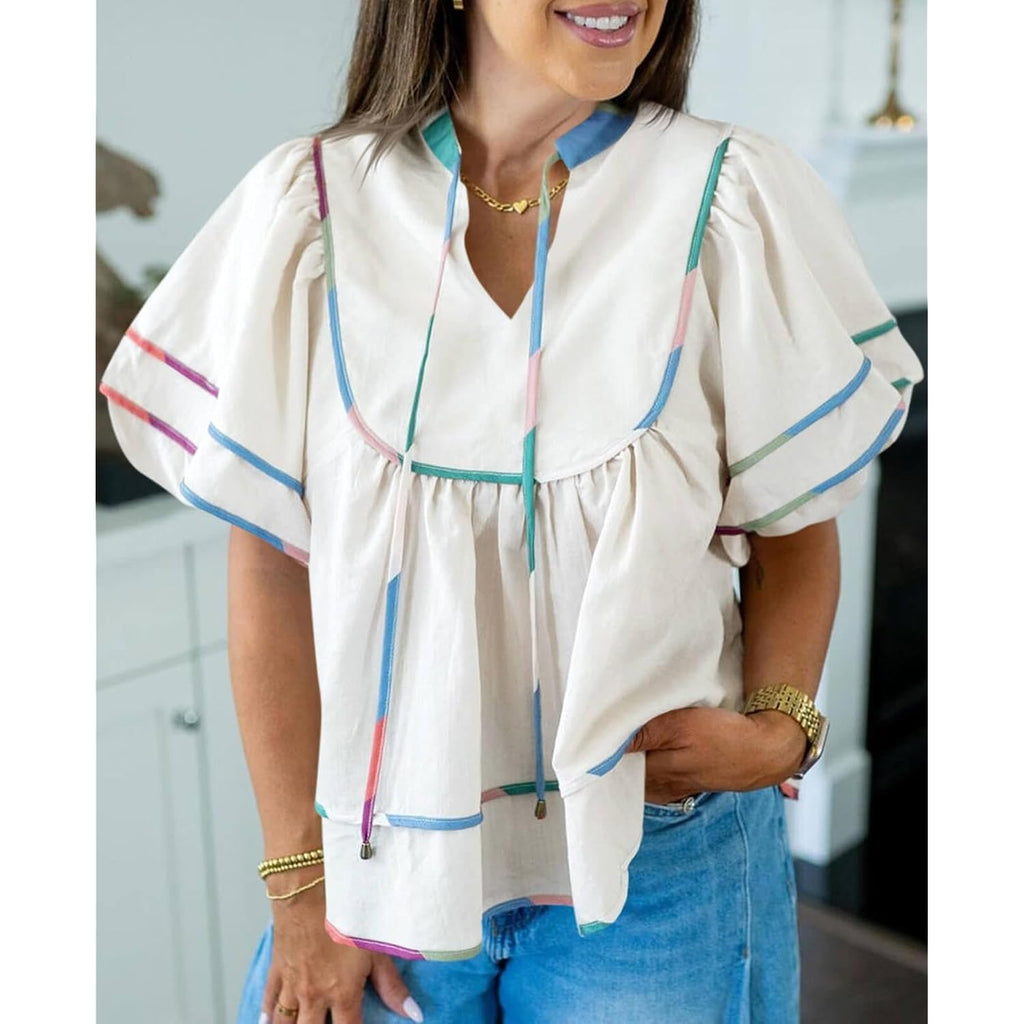 Cicy Bell Womens Summer Babydoll Tops V Neck Short Lantern Sleeve Shirts Cute Loose Fit Peplum Flowy Blouses