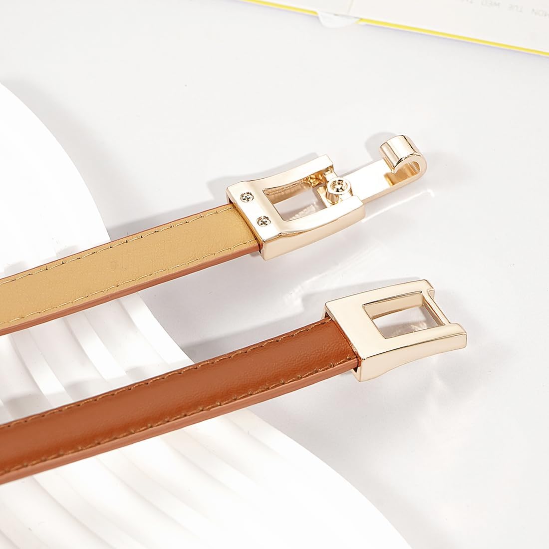 Glamorstar Skinny Belts for Women Thin PU Leather Waist Belt with Gold Buckle for Dresses