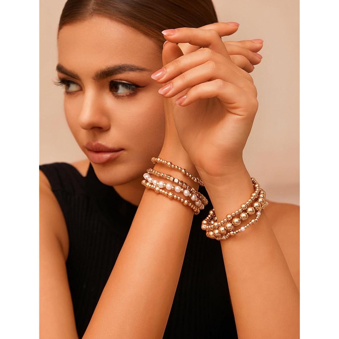 KISS WIFE Gold Bracelets for Women Gold Bracelet Stack Pearl Beaded Bracelets for Women Strand Bead Ball Stretchable Elastic Bracelet Set Adjustable Fashion Accessories Jewelry for Gifts (Beads and Pearls)