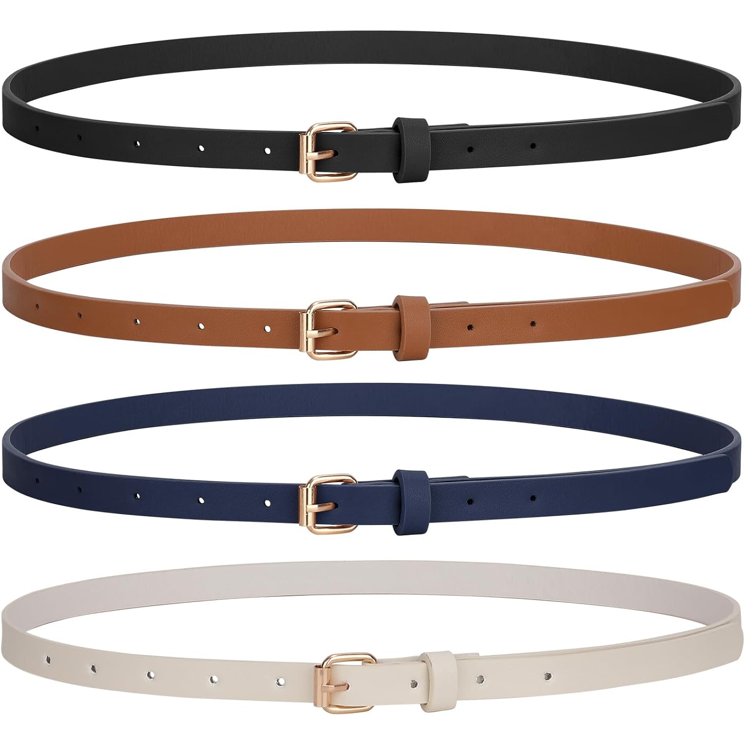 JASGOOD 4 Pack Skinny Women Leather Belt for Dresses Thin Waist Belt for Jeans Pants with Gold Buckle