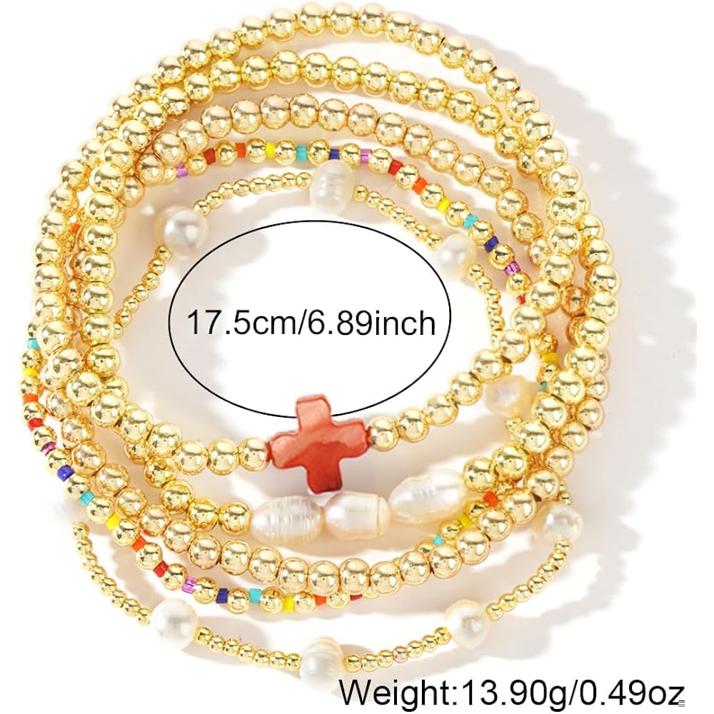 14K Gold Pearl Beaded Cross Bracelets Stack Set for Women,Stretch Boho Colorful Christian Beads Ball Jewelry Friendship Summer Trendy Gift