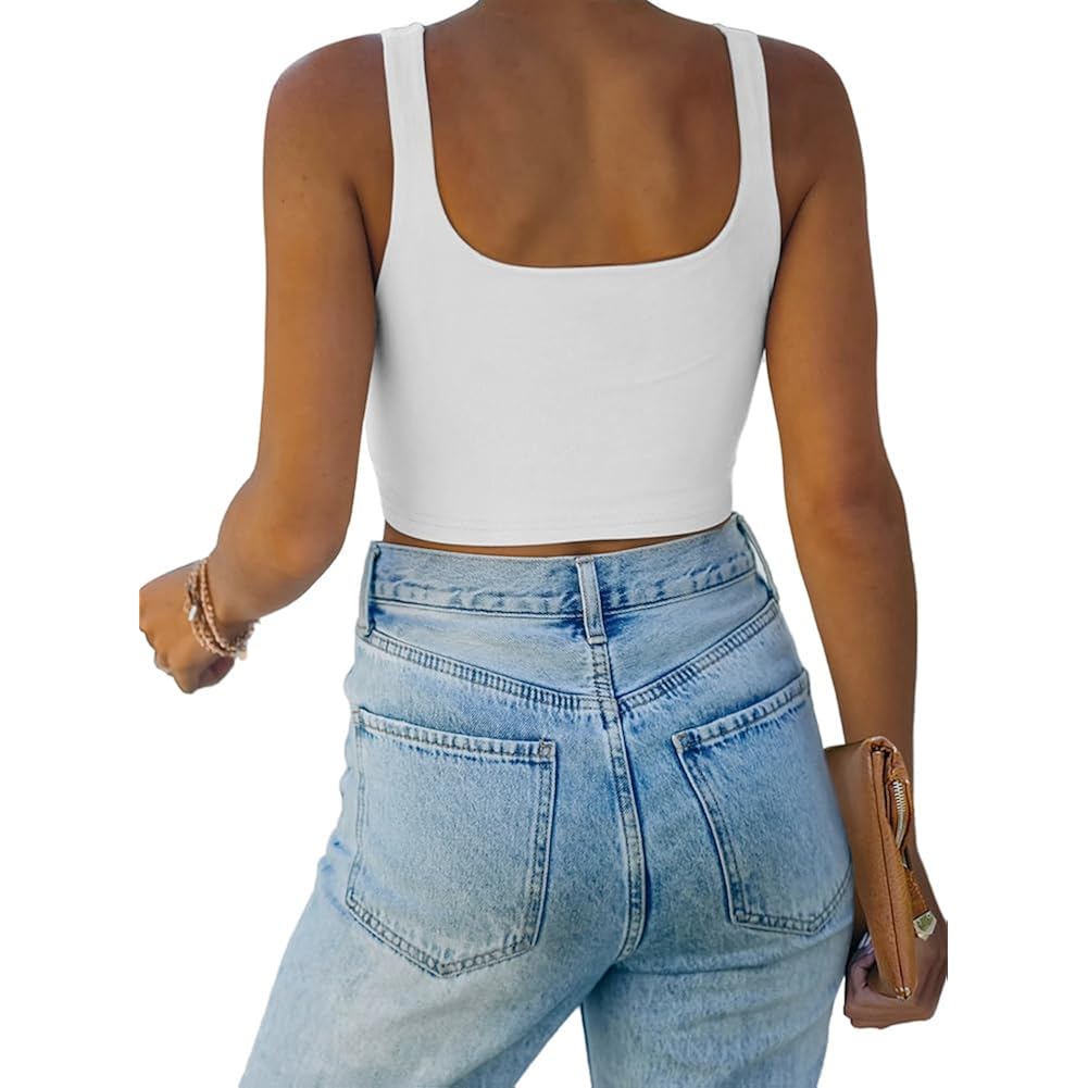 REORIA Women’s Sexy Square Neck Double Lined Seamless Sleeveless Cropped Tank Yoga Crop Basic Tops