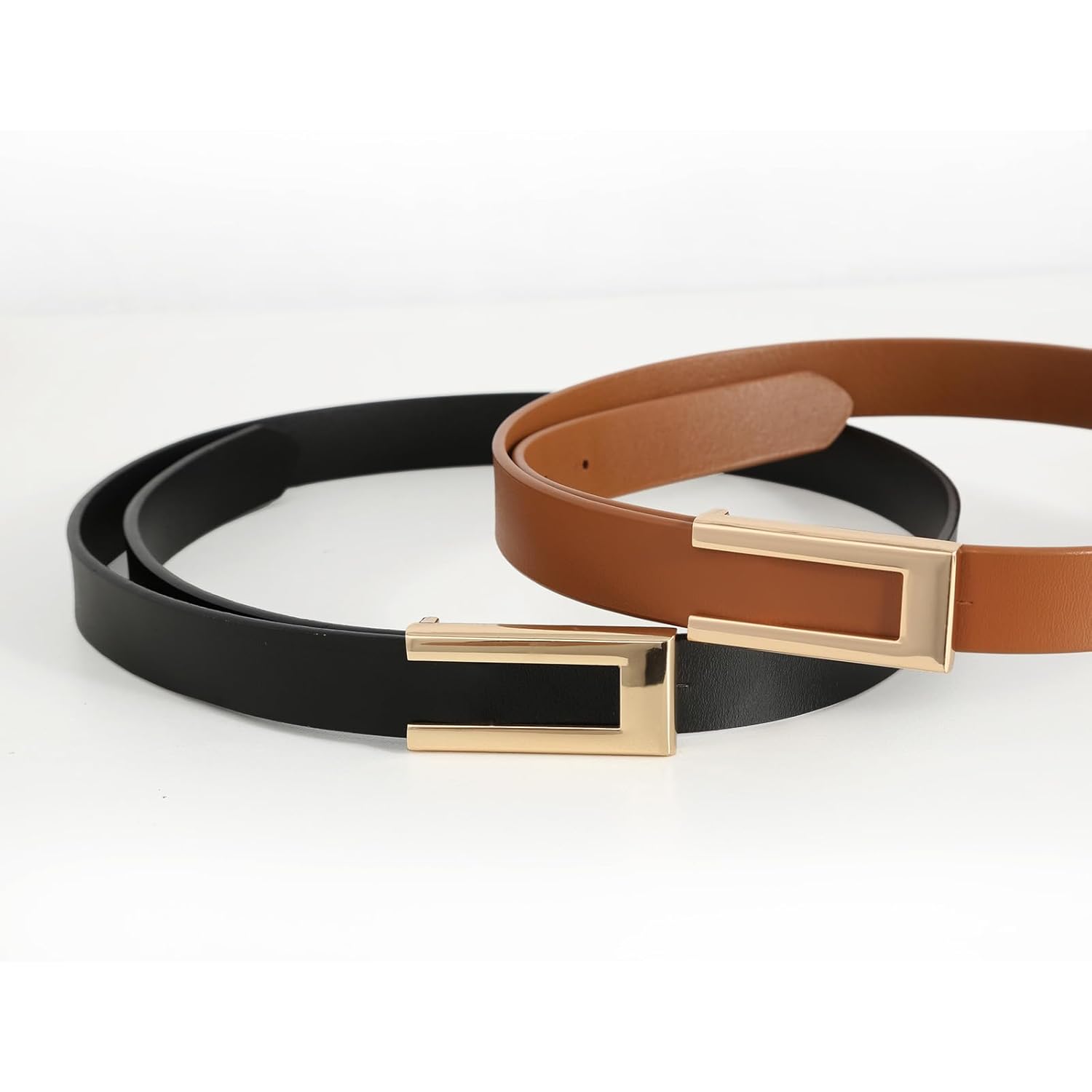 Womens Leather Belt Skinny Waist Belt for Dresses Jeans Pants with Gold Buckle