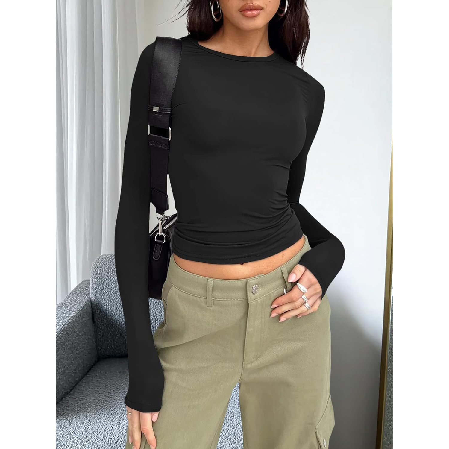 Trendy Queen Womens Long Sleeve Shirts Fall Fashion 2025 Basic Crop Tops Going Out Workout Outfits Y2k Clothes