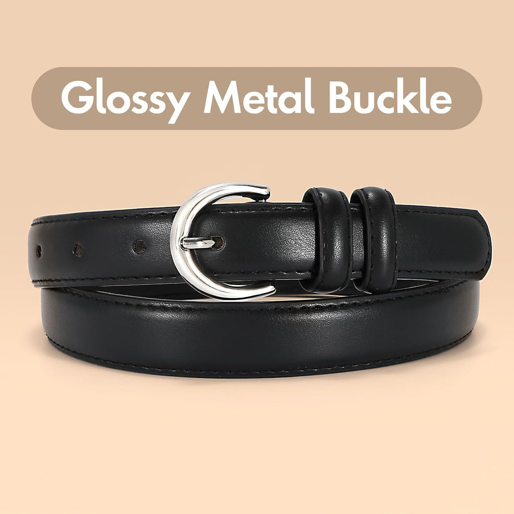 Women Leather Belt for Jeans Pants Fashion Ladies Skinny Belt for Dresses Thin Belt with Single Prong Buckle