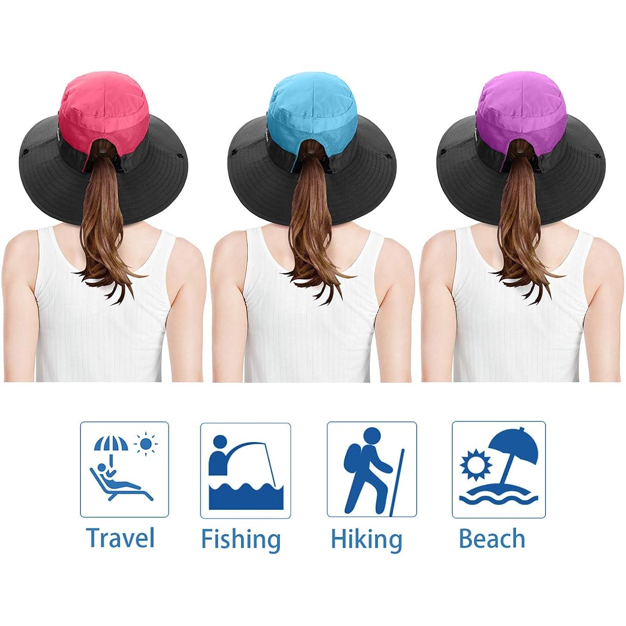 3 Pieces Womens Ponytail Wide Brim Sun Hat Packable UV Protection Beach Cap for Fishing & Hiking