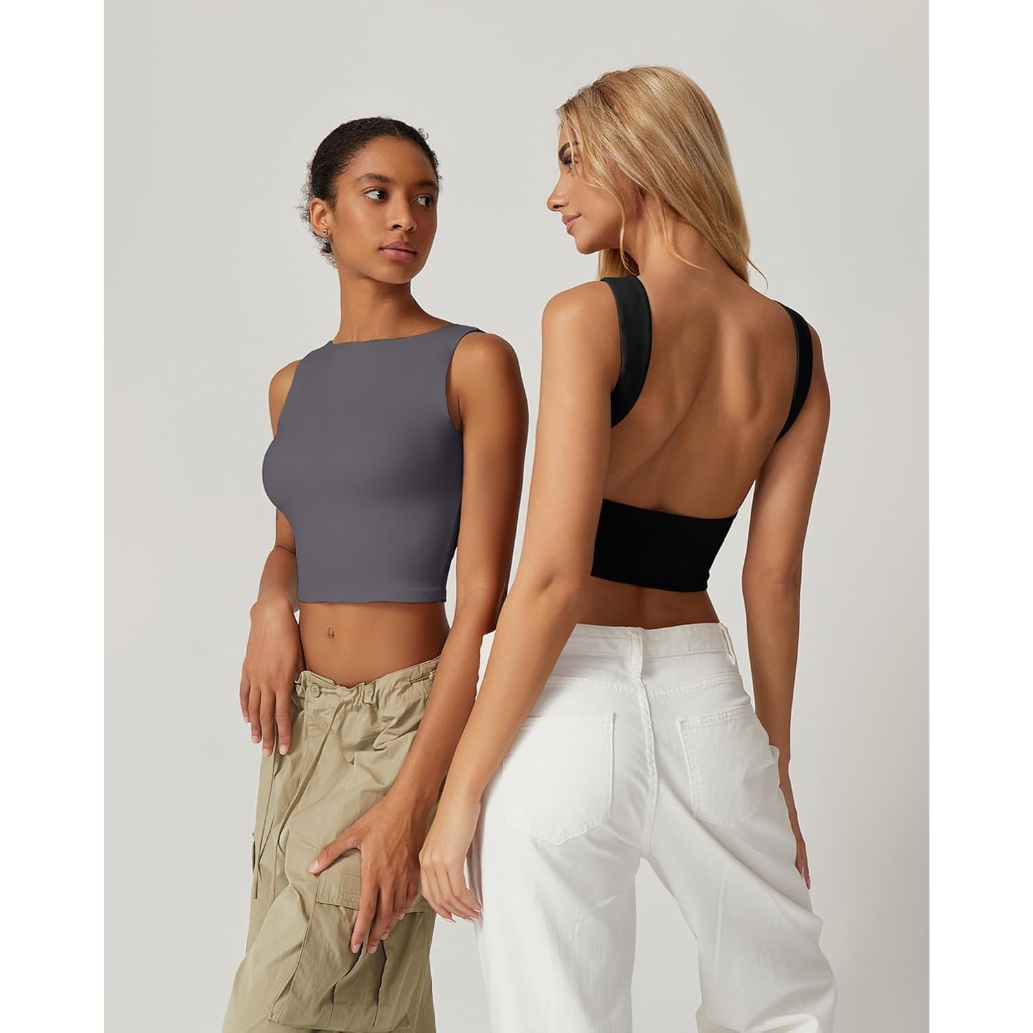 QINSEN Women's Sexy Open Back Sleeveless Crop Tank High Neck Slim Fit Cropped Tee Shirt Y2k Tops