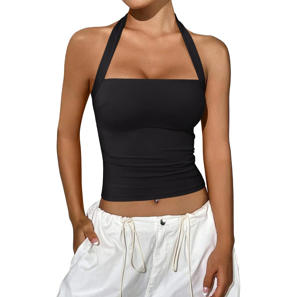 REORIA Women's Halter Going Out Tops 2025 Summer Y2K Shirts Sleeveless Sexy Crop Tank Top Y2k Outfits