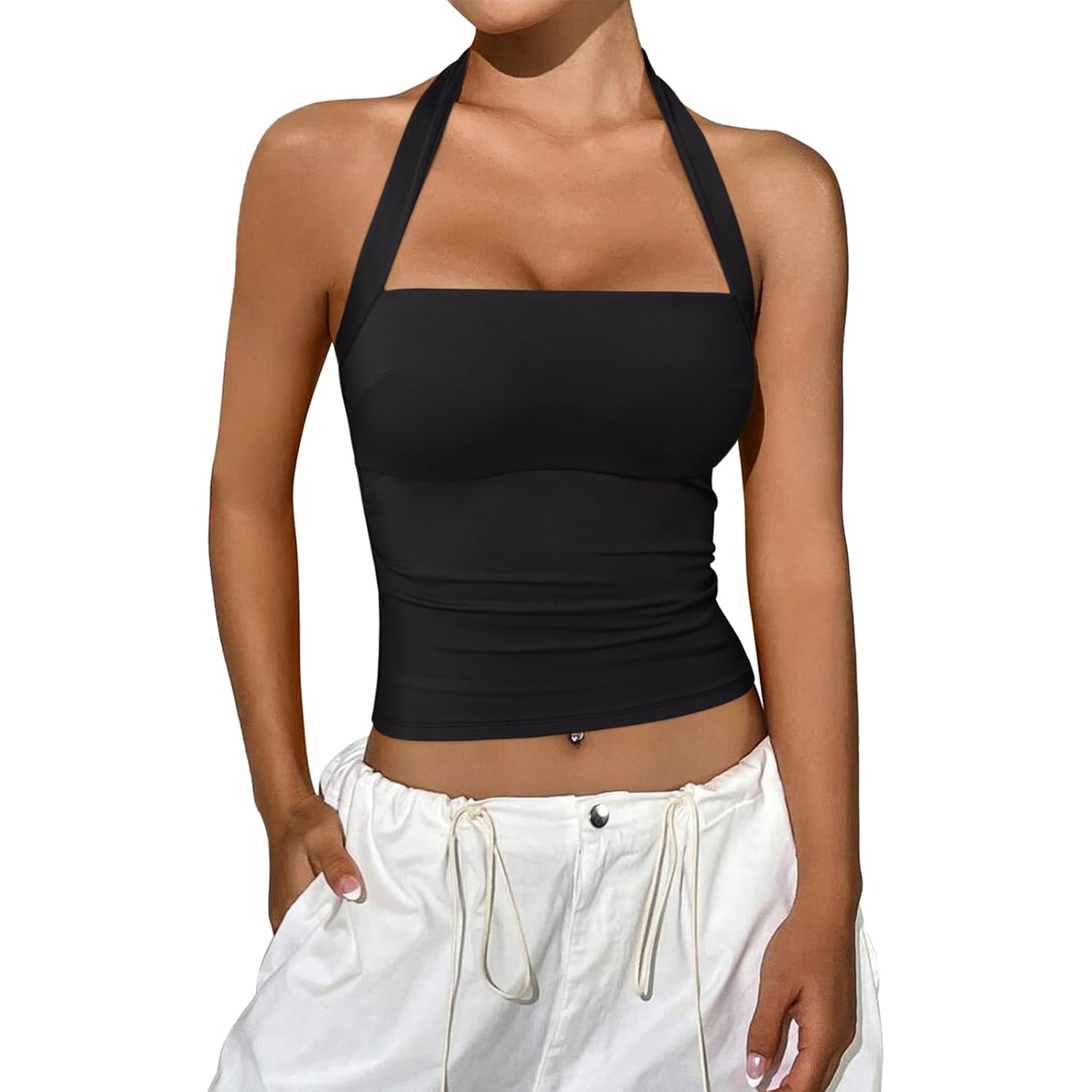 REORIA Women's Halter Going Out Tops 2025 Summer Y2K Shirts Sleeveless Sexy Crop Tank Top Y2k Outfits